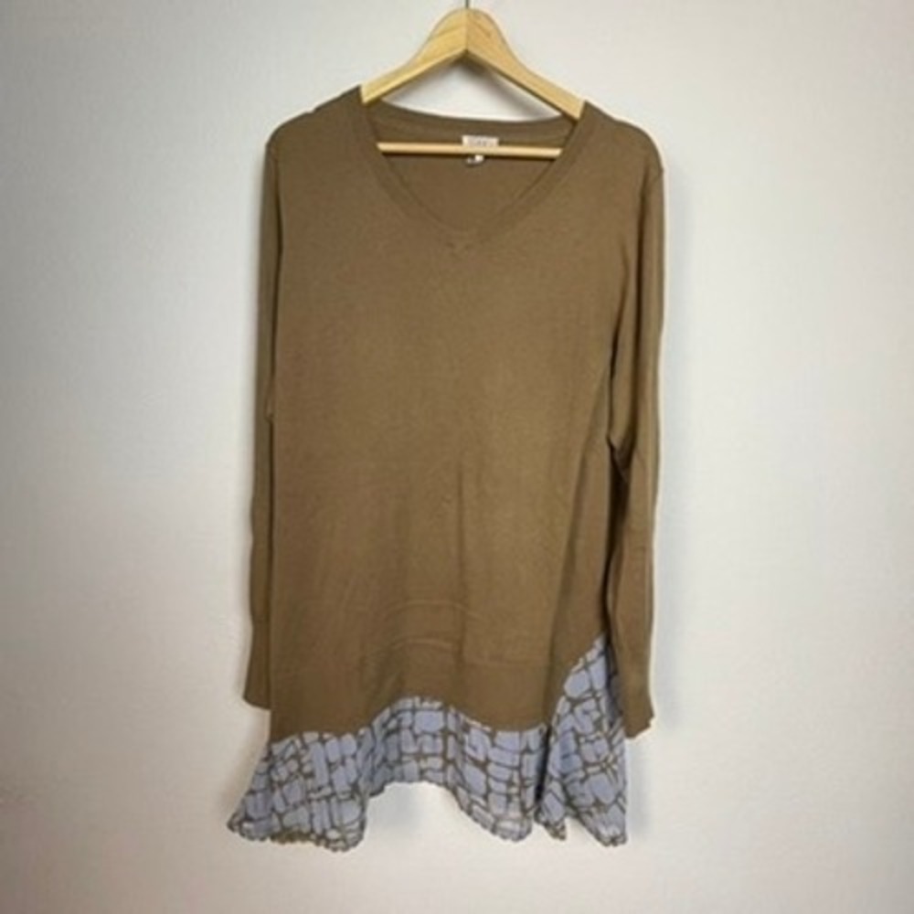 LOGO by Lori Goldstein Brown Long Sleeve V Neck Tunic Sweater with Ruffle Hem XL